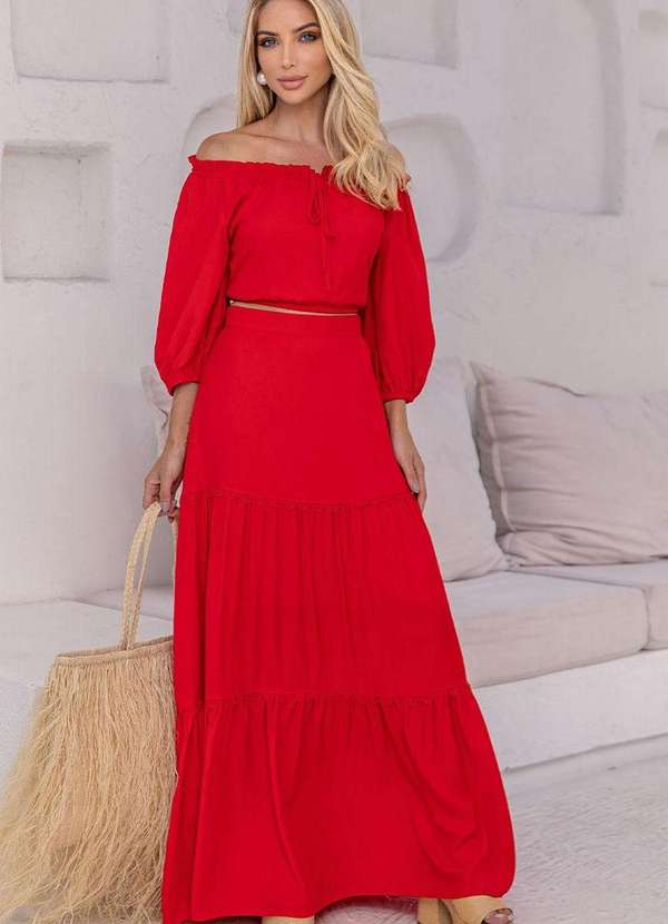 Miss Misses - Saia Joana Longa com Detalhe Guipir com Ziper Vermelho