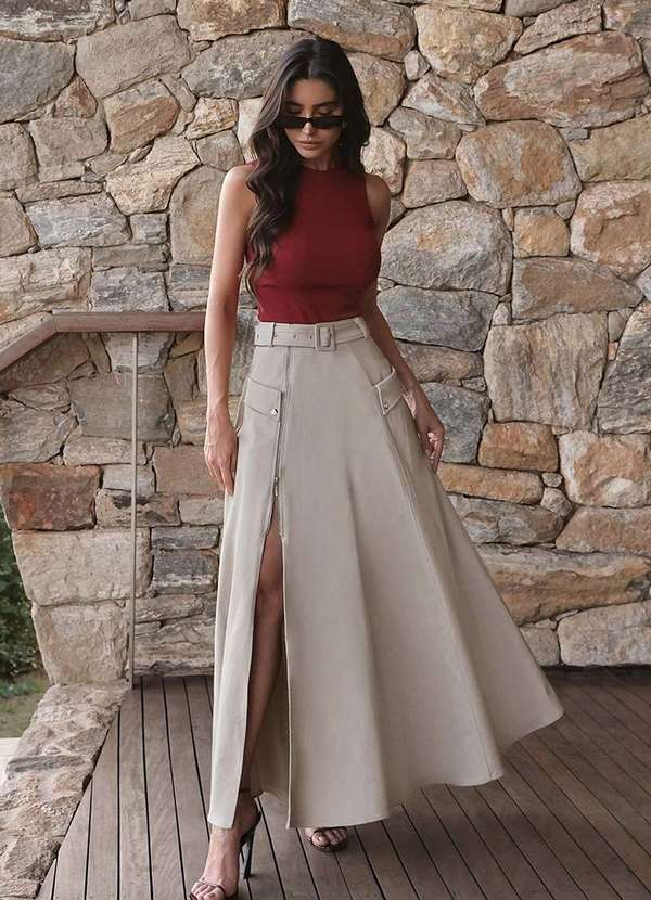 Dot Clothing - Saia Longa Dot Clothing Sarja Caqui Bege