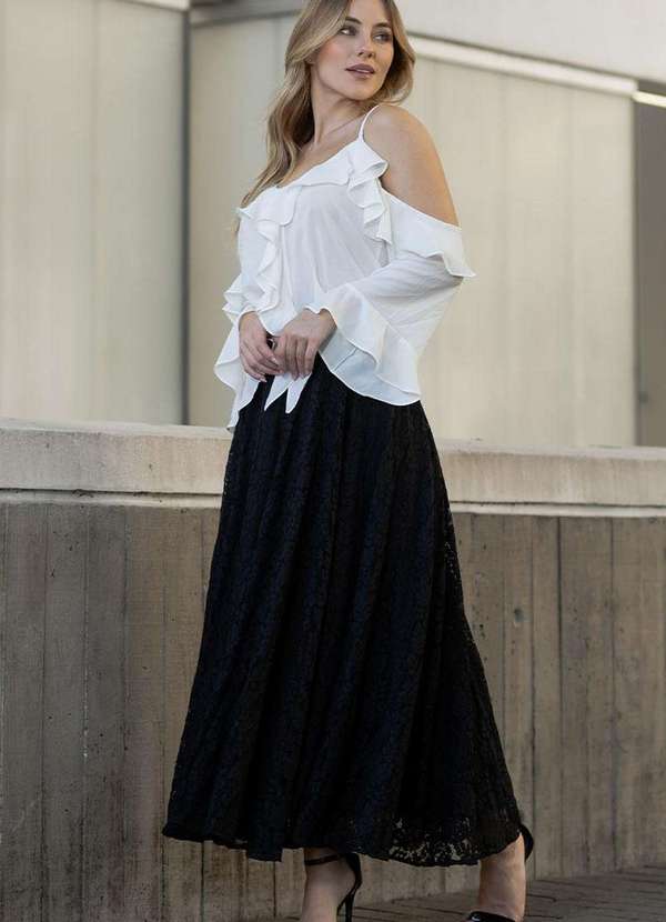 Miss Misses - Saia Ludimila Midi com Fenda Rodada com Ziper Preto