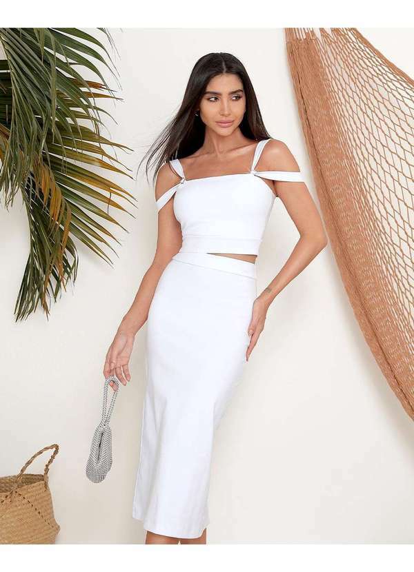 Miss Misses - Saia Miss Misses Midi com Fenda Costas Branco Branco