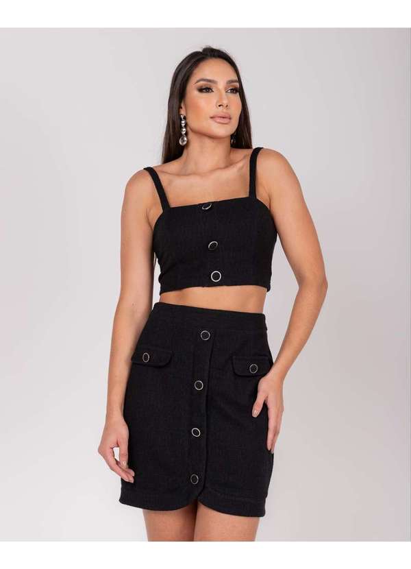 Miss Misses - Saia Miss Misses Tweed com Detalhe Botao Preto Preto 1