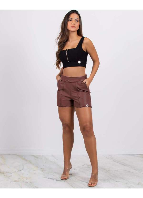 Miss Misses - Short Miss Misses Couro Suede com Frisos Marrom 3