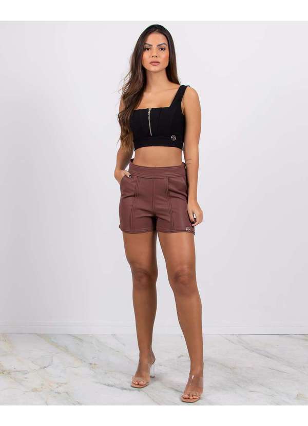 Miss Misses - Short Miss Misses Couro Suede com Frisos Marrom 4