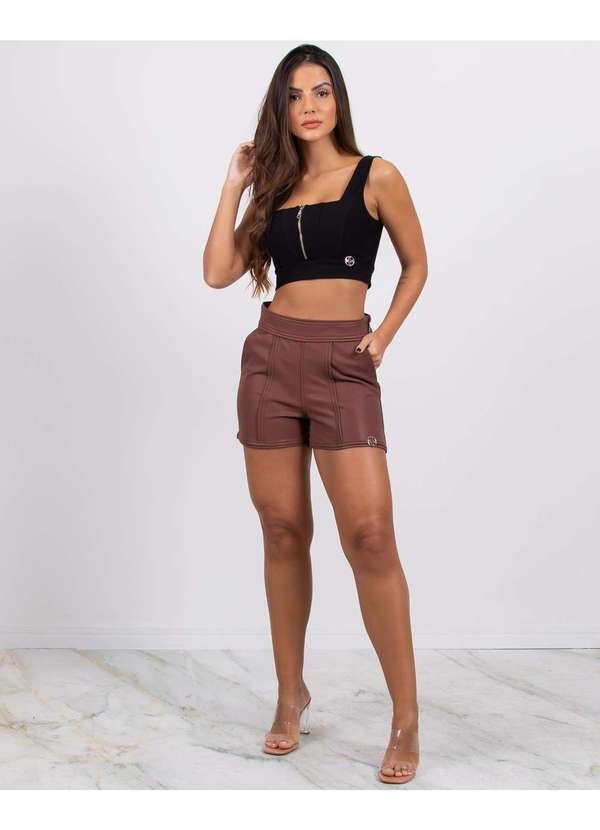 Miss Misses - Short Miss Misses Couro Suede com Frisos Marrom 5