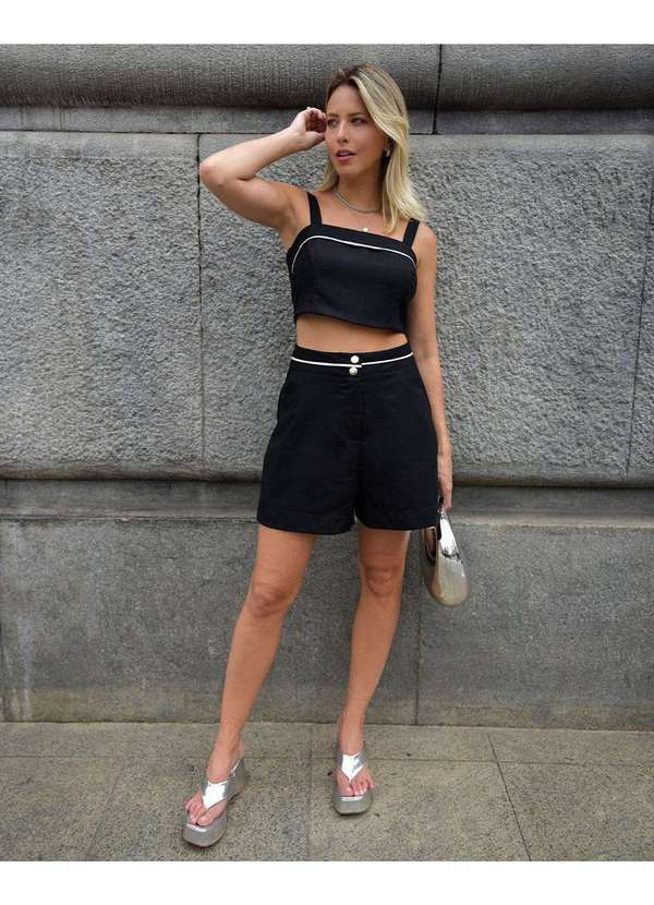 Miss Misses - Short Miss Misses Linho com Detalhe Frizo Preto Preto
