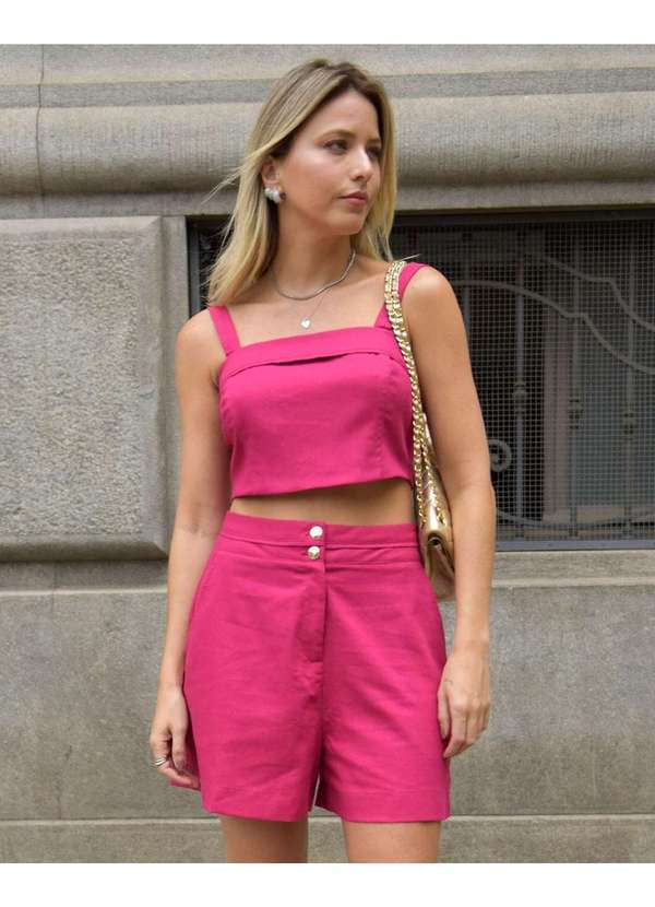Miss Misses - Short Miss Misses Linho com Detalhe Frizo Rosa