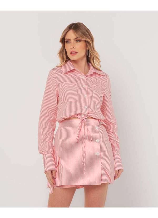 Miss Misses - Short Saia Miss Misses Listrado com Detalhes Rosa Rosa
