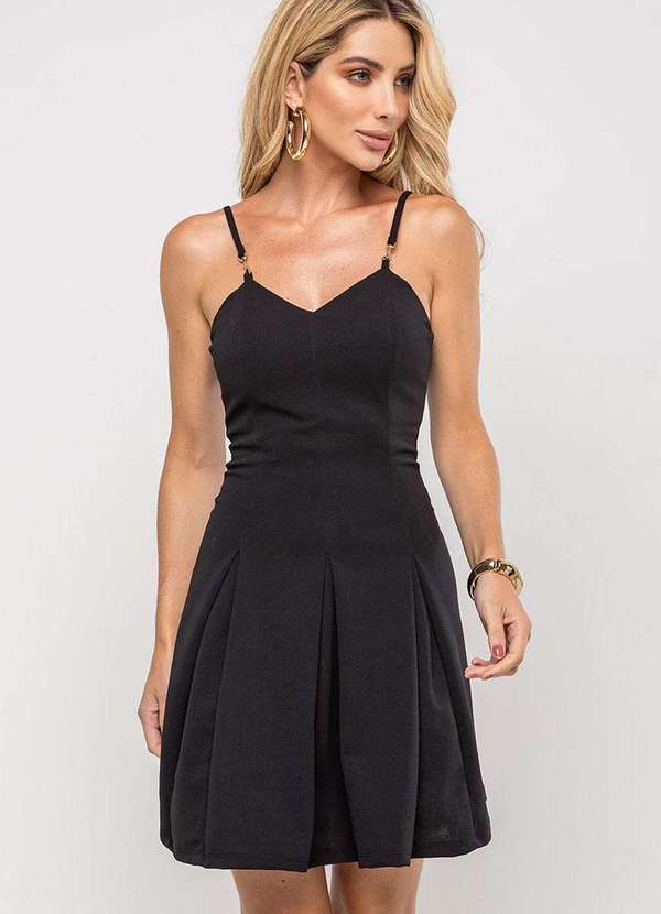 Miss Misses - Vestido Anita Rodado C/Pregas C/Detalhe Metal na Alca Preto