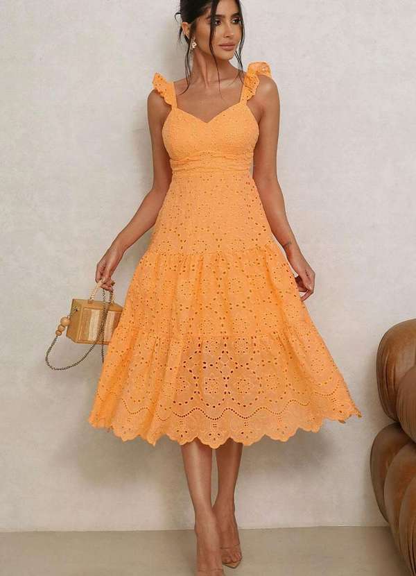 Miss Misses - Vestido Bianca Midi Laise com Ziper nas Costas Laranja