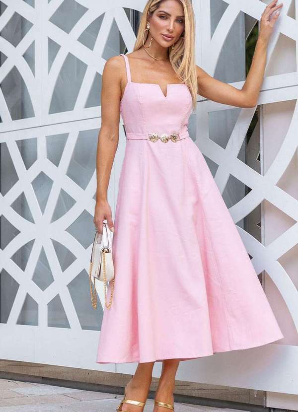 Miss Misses - Vestido Brenda C/Decote V C/Alcas Detalhe Metal na Frente Rosa