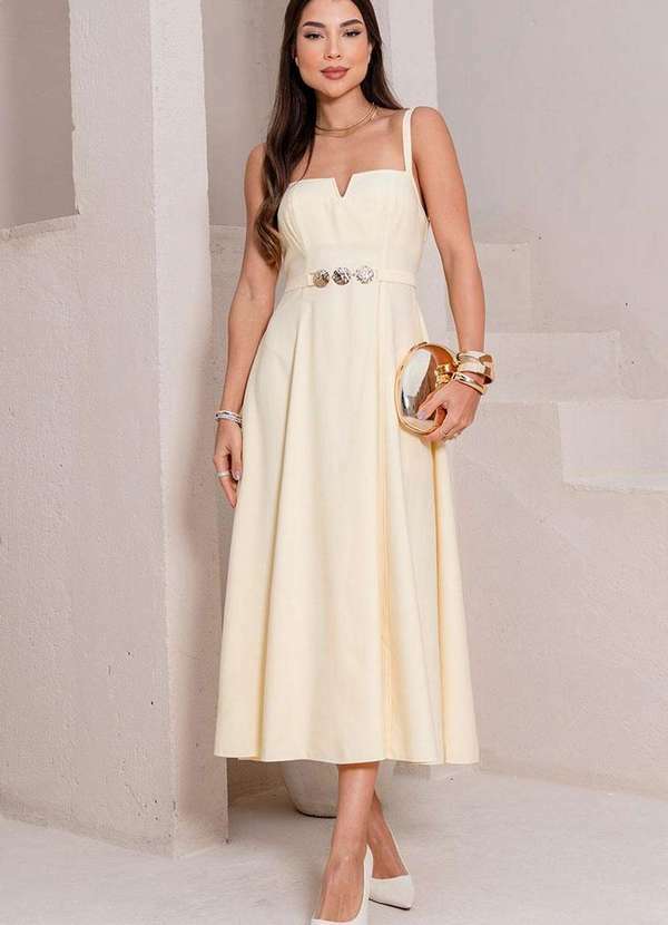 Miss Misses - Vestido Brenda C/Decote V C/Alcas Detalhe Metal na Frente Amarelo