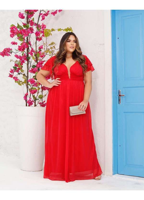 Cappuccino - Vestido Cappuccino Longo Detalhe Ombro Vermelho