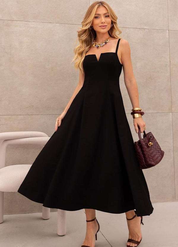 Miss Misses - Vestido Carol Decote V com Alcas Preto