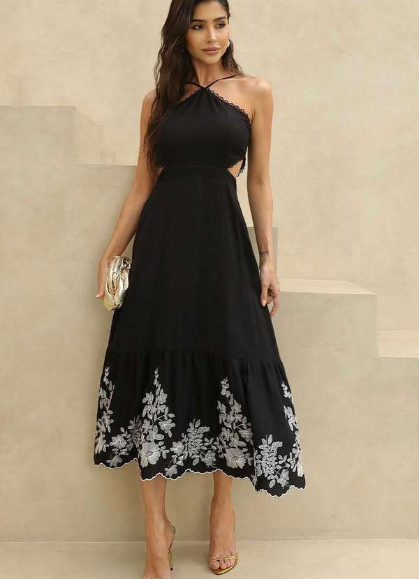 Miss Misses - Vestido Caroline Midi Detalhe Barra Cianinha Preto