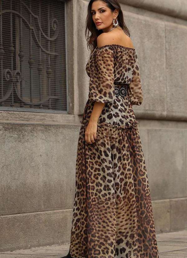 Miss Misses - Vestido Clara Crepe Estampado Longo c/ Fenda Marrom 2