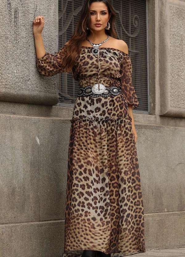 Miss Misses - Vestido Clara Crepe Estampado Longo c/ Fenda Marrom 3