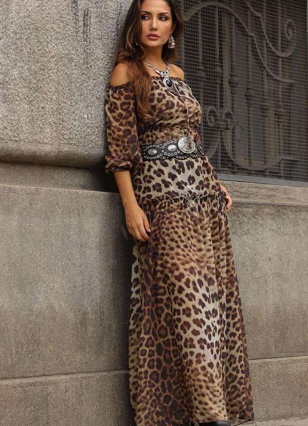 Miss Misses - Vestido Clara Crepe Estampado Longo c/ Fenda Marrom 4