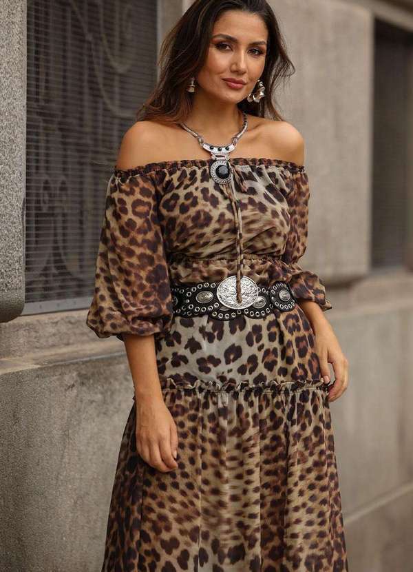 Miss Misses - Vestido Clara Crepe Estampado Longo c/ Fenda Marrom 5