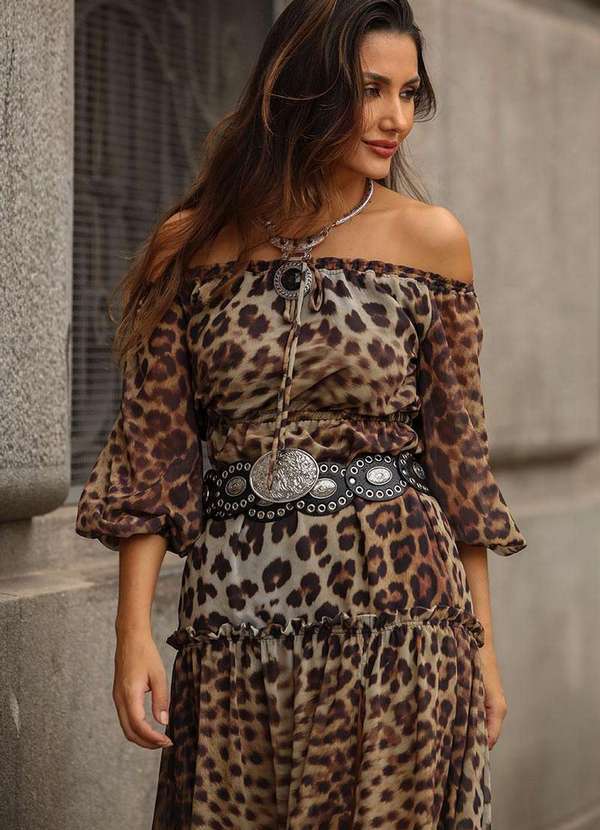 Miss Misses - Vestido Clara Crepe Estampado Longo c/ Fenda Marrom 6