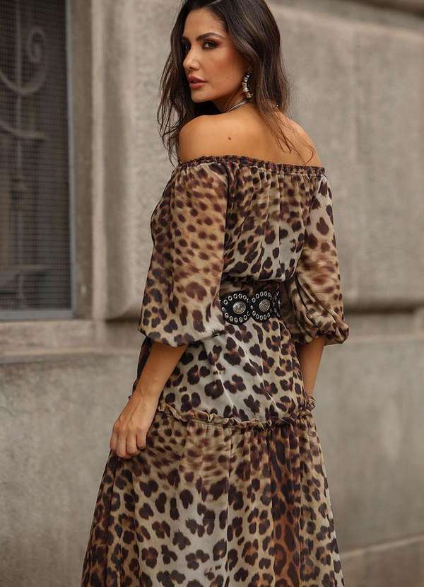 Miss Misses - Vestido Clara Crepe Estampado Longo c/ Fenda Marrom 7