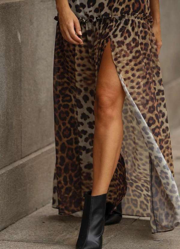 Miss Misses - Vestido Clara Crepe Estampado Longo c/ Fenda Marrom 9