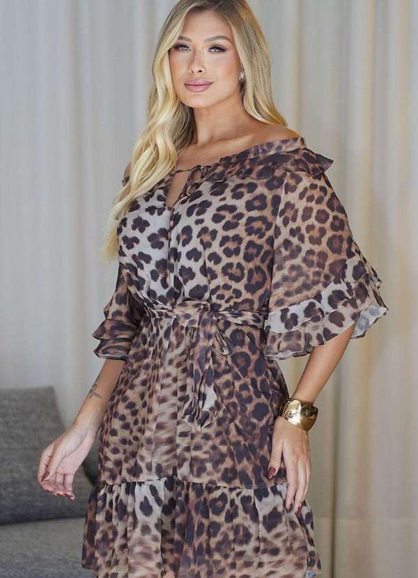 Miss Misses - Vestido Crepe Ombro a Ombro c/ Faixa Marrom