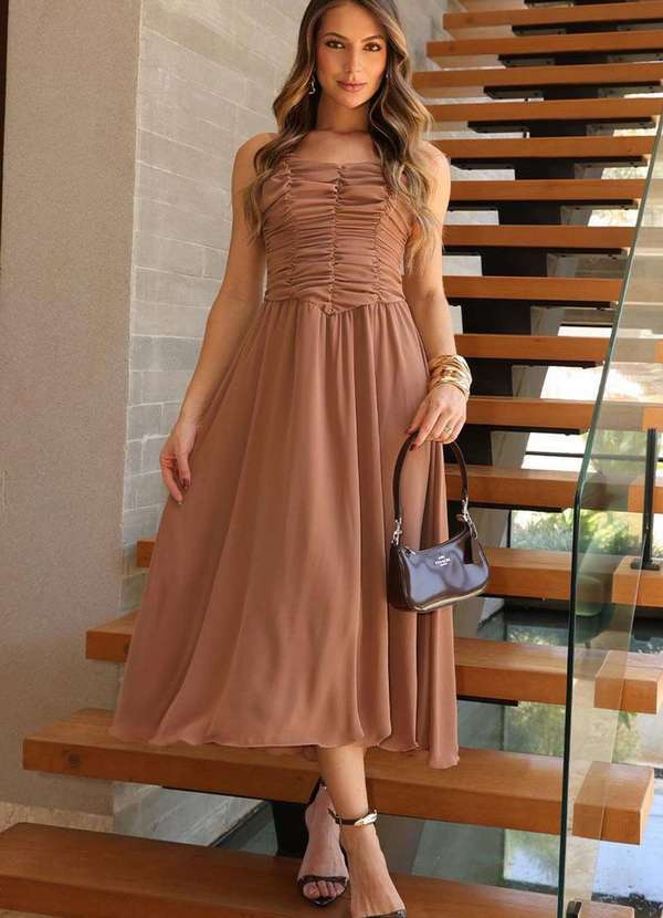 Miss Misses - Vestido Cristina Midi Crepe C/Franzido Busto Marrom