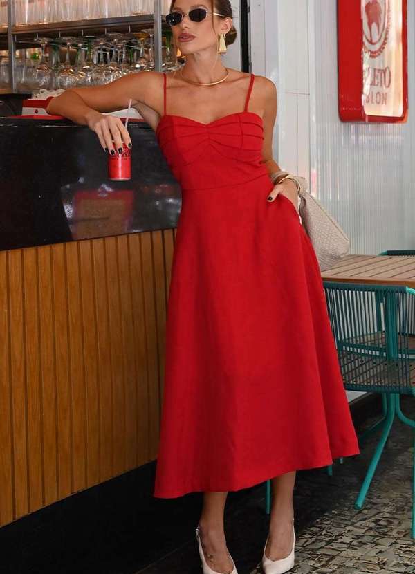 Miss Misses - Vestido Damares C/Alca Fina C/Detalhe Pregas Busto Vermelho