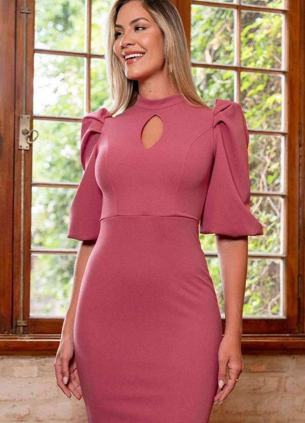 Miss Misses - Vestido Diana Midi Manga 3/4 e c/ Ziper Costa Rosa 6