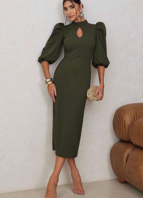 Miss Misses - Vestido Diana Midi Manga 3/4 e c/ Ziper Costa Verde