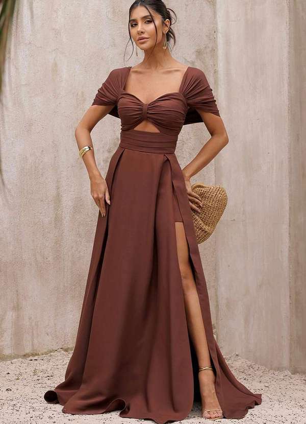 Dot Clothing - Vestido Dot Clothing Acetinado c/ Fenda Marrom