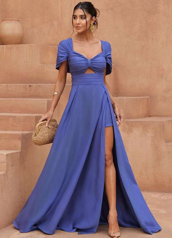 Dot Clothing - Vestido Dot Clothing Acetinado c/ Fenda Azul