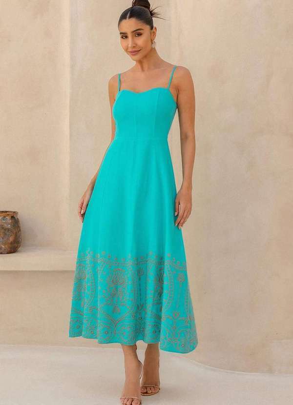 Dot Clothing - Vestido Dot Clothing Aline Midi Bordado Azul Azul