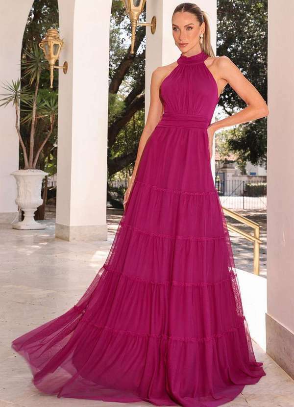 Dot Clothing - Vestido Dot Clothing Carmen Gola Alta Fucsia Rosa