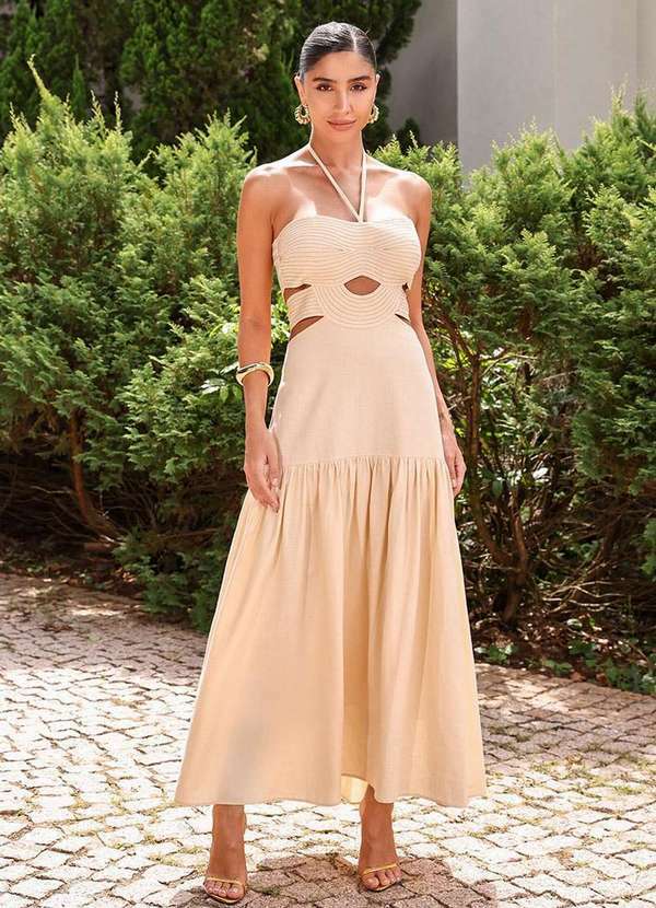 Dot Clothing - Vestido Dot Clothing Gabriela Longuete Pesponto Bege
