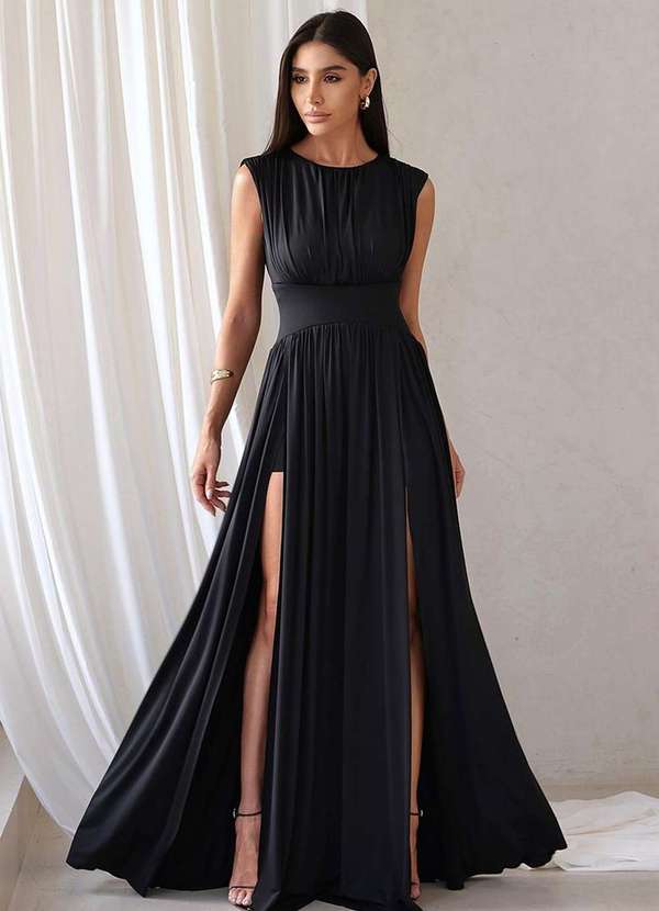 Dot Clothing - Vestido Dot Clothing Longo 2 Fendas Preto