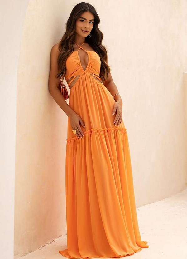 Dot Clothing - Vestido Dot Clothing Longo Analu Recortes Laranja