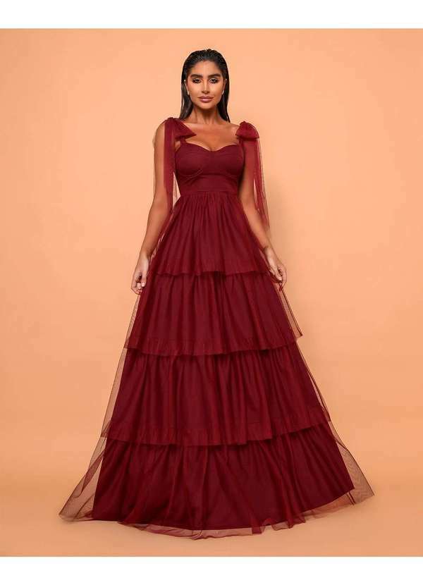 Dot Clothing - Vestido Dot Clothing Longo Babados na Saia Bordo Vermelho
