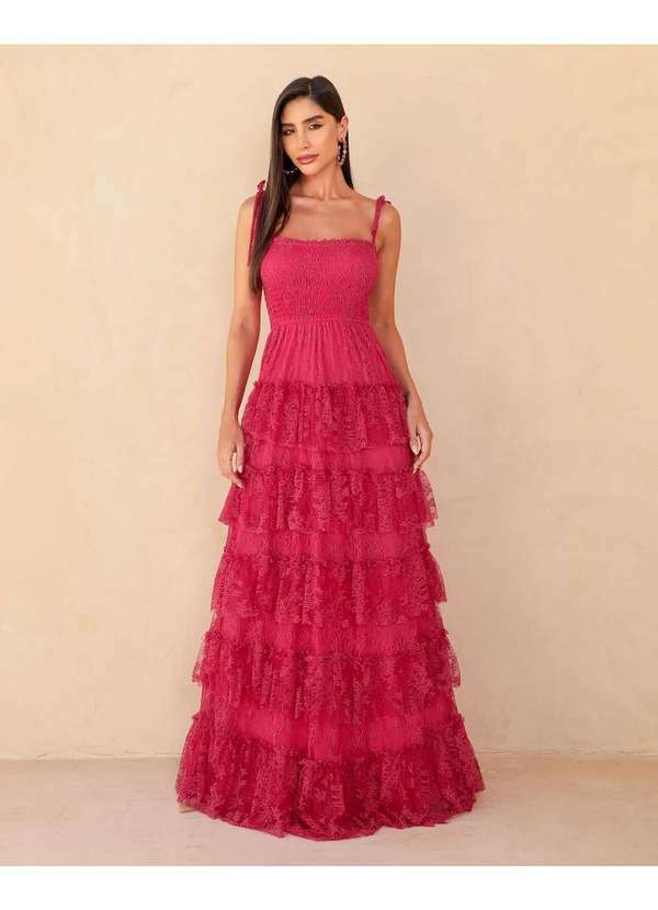 Dot Clothing - Vestido Dot Clothing Longo Camadas e Renda Rosa Rosa