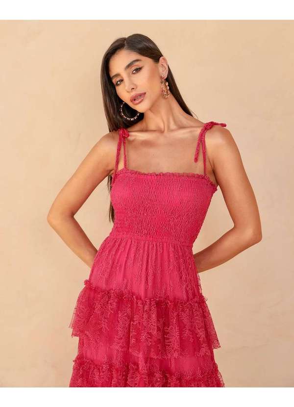 Dot Clothing - Vestido Dot Clothing Longo Camadas e Renda Rosa Rosa 4