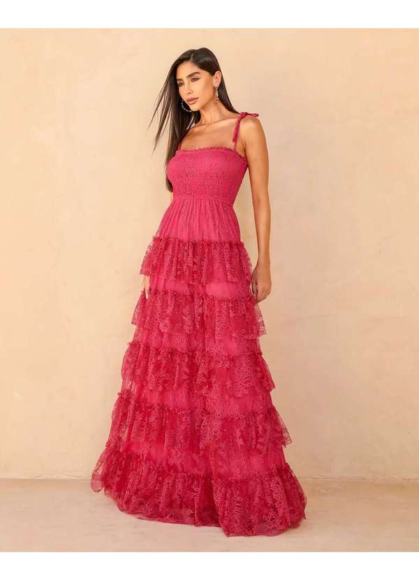 Dot Clothing - Vestido Dot Clothing Longo Camadas e Renda Rosa Rosa 5