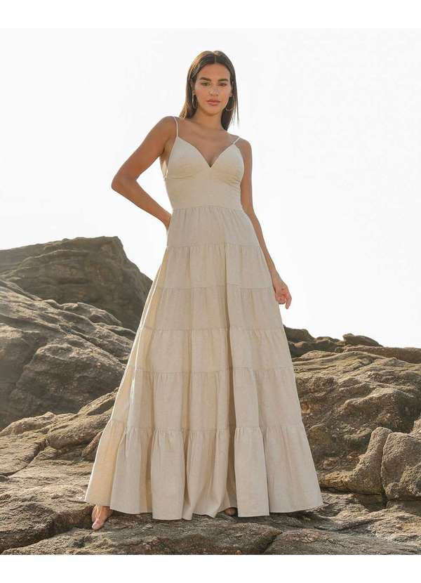 Dot Clothing - Vestido Dot Clothing Longo Camadas Natural Bege