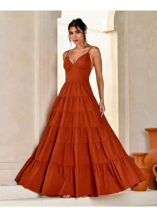 Dot Clothing - Vestido Dot Clothing Longo Camadas Terra Marrom