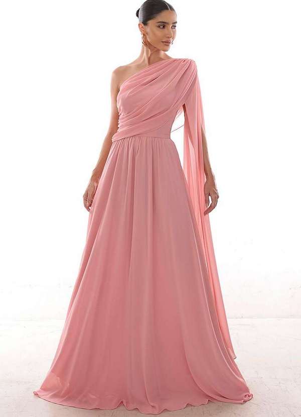 Dot Clothing - Vestido Dot Clothing Longo Capa Drapeada Rosa Rosa