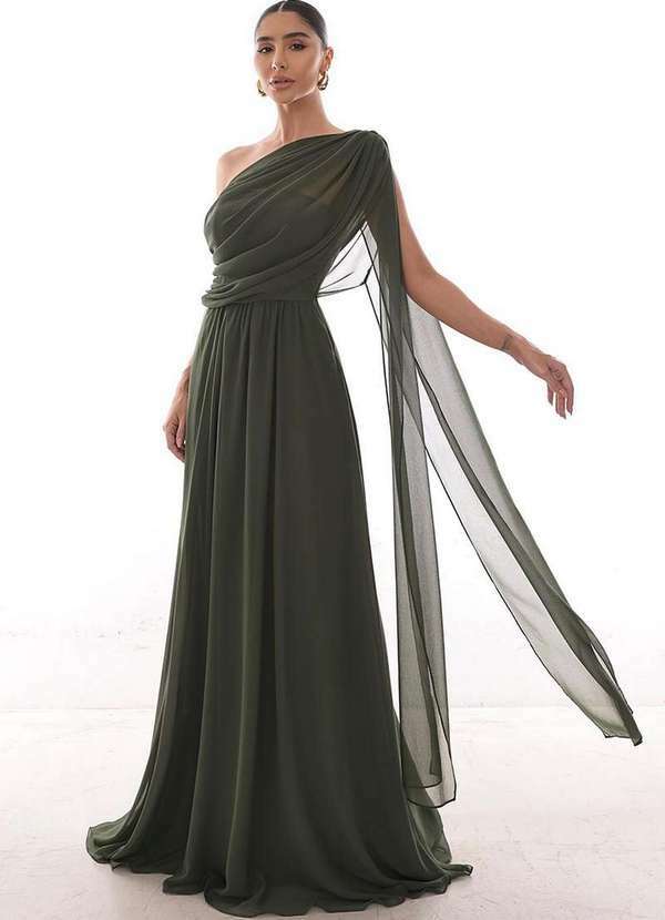 Dot Clothing - Vestido Dot Clothing Longo Capa Drapeada Verde Musgo Verde