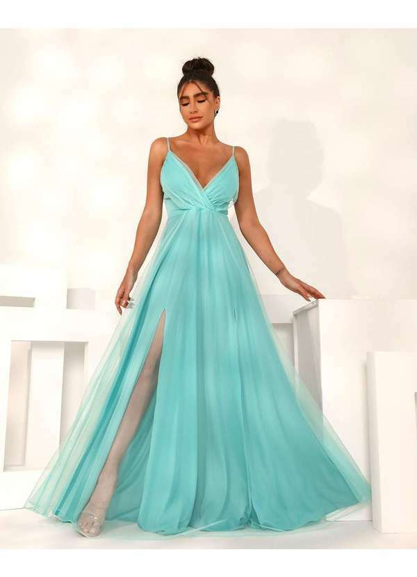 Dot Clothing - Vestido Dot Clothing Longo com Fenda Azul Azul