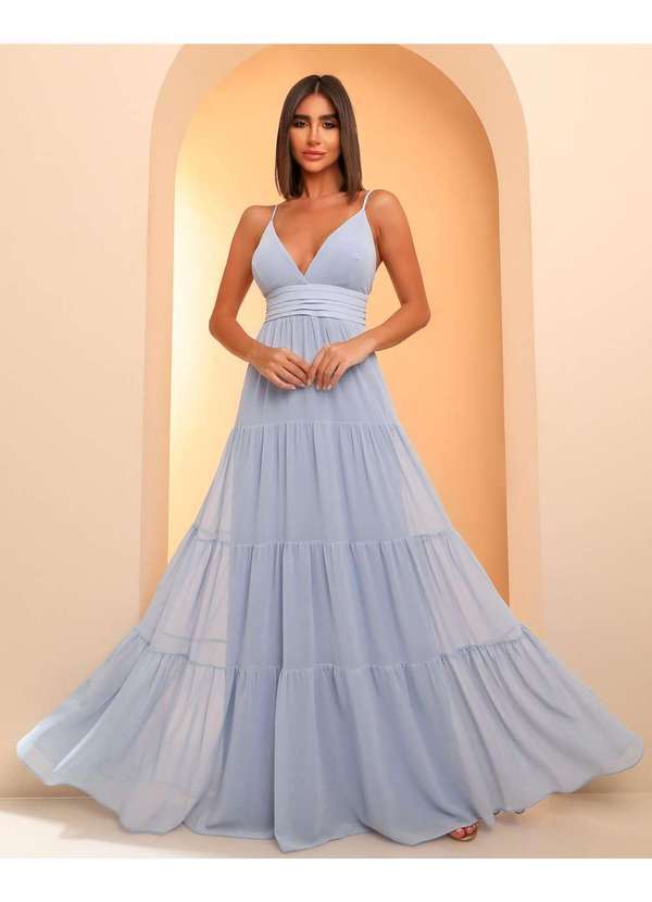 Dot Clothing - Vestido Dot Clothing Longo Franzido Cintura Azul Azul