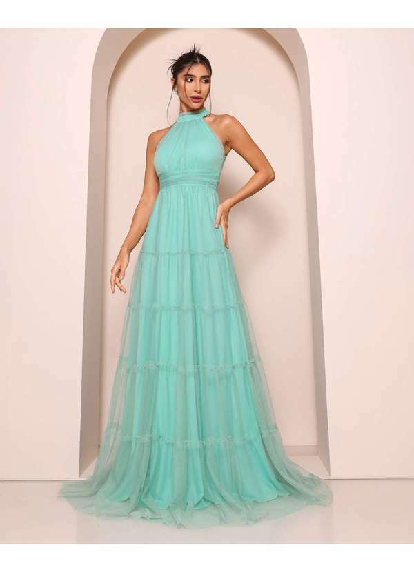 Dot Clothing - Vestido Dot Clothing Longo Gola Alta Tule Verde Claro Verde