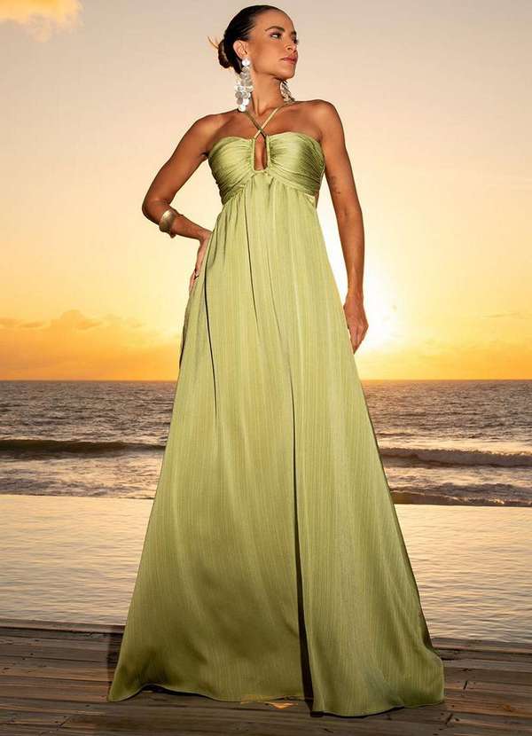 Dot Clothing - Vestido Dot Clothing Longo Jaque Plissado Verde