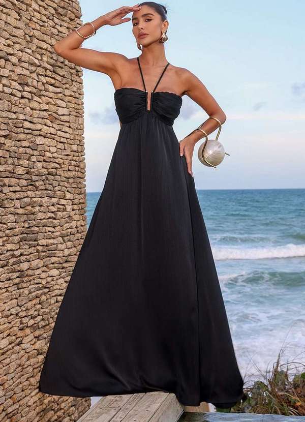 Dot Clothing - Vestido Dot Clothing Longo Jaque Plissado Preto